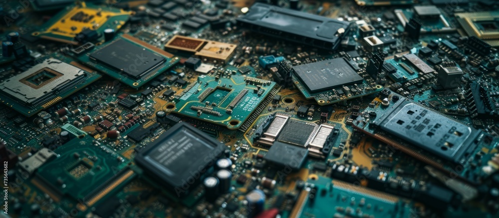 Poster close up of computer motherboard with intricate circuitry and electronic components for technology b