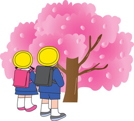 桜とランドセル姿の小学生
