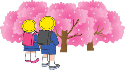 桜とランドセル姿の小学生

