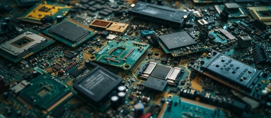 Close up of computer motherboard with intricate circuitry and electronic components for technology background or repair concept