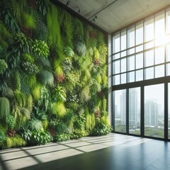 Green wall decoration, jungle, moss and fern on the wall interior design