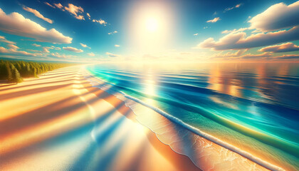 Serene shoreline: Empty beach with gentle waves reflecting the dazzling sun on a clear day. Generative AI.