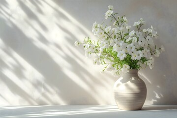 Chic and elegant home setting with white flowers in a vase on light background.
