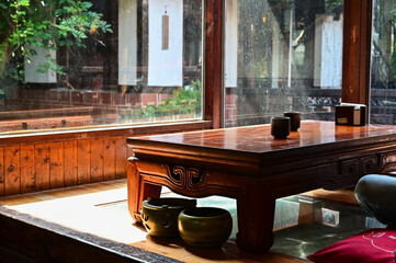 Taoyuan City, Taiwan- AUG 24, 2023: Chinese teahouse in Zhongli District, Taoyuan City, Taiwan