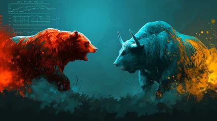 Rolgordijnen red bear and a blue bull are facing off against a dark background with splashes of color and a financial chart in the corner © weerasak