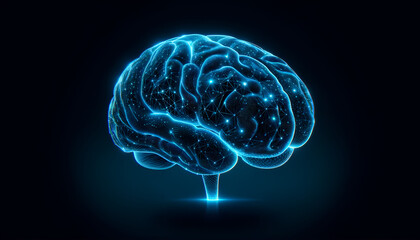 Cybernetic brain hologram glowing against a stark black background, embodying high-tech cognitive research.
Generative AI.