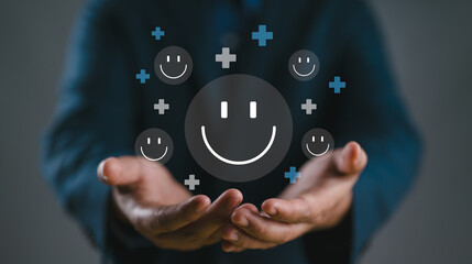 Hands holding happy smile face. mental health positive thinking and growth mindset, mental health...