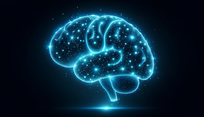 Futuristic blue brain hologram, floating on a black backdrop, depicting advanced neurotechnology.
Generative AI.