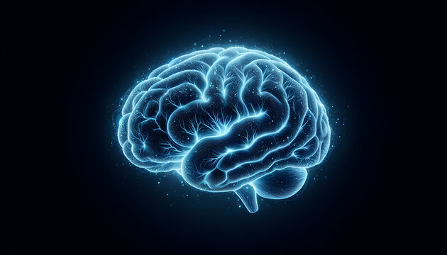 Digital brain projection in blue, showcasing a holographic neuroscience concept on a dark background.
Generative AI.