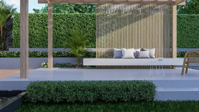 Animation of modern contemporary style green garden with wooden pavilion 3d render, there are empty green lawn decorated with black tiled pond with fountain.