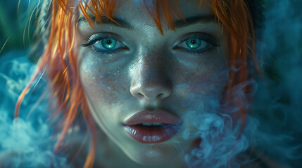 beautiful girl with red hair and green eyes, smoking