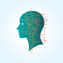 Connection between manufacturability and the human mind, the silhouette of a human face with lines of microcircuits, man and new technologies