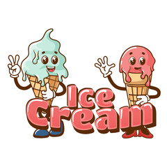 Two ice creams. Retro mascots in cartoon style.Fun retro style dessert mascot for cafes. Vector illustration