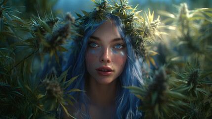 beautiful half-naked girl surrounded by marijuana