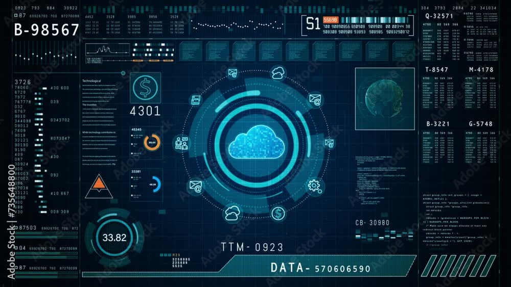 Poster futuristic data interface with cloud computing graphics, advanced cybersecurity interface with globa