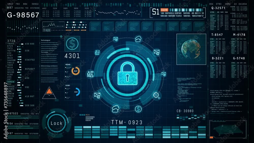 Poster digital security interface with padlock icon and code elements background, highly detailed digital s
