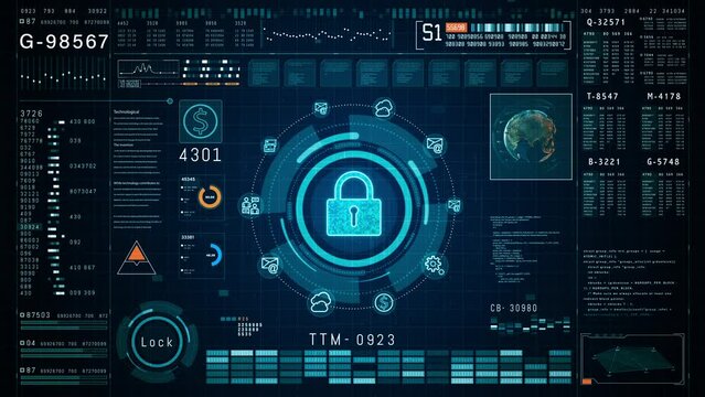 Digital Security Interface with Padlock Icon and Code Elements Background, Highly detailed digital security interface concept,