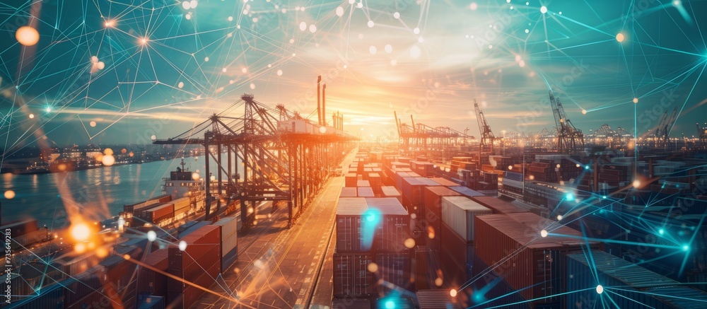 Poster large container ship with network of interconnected lines transporting goods across oceans