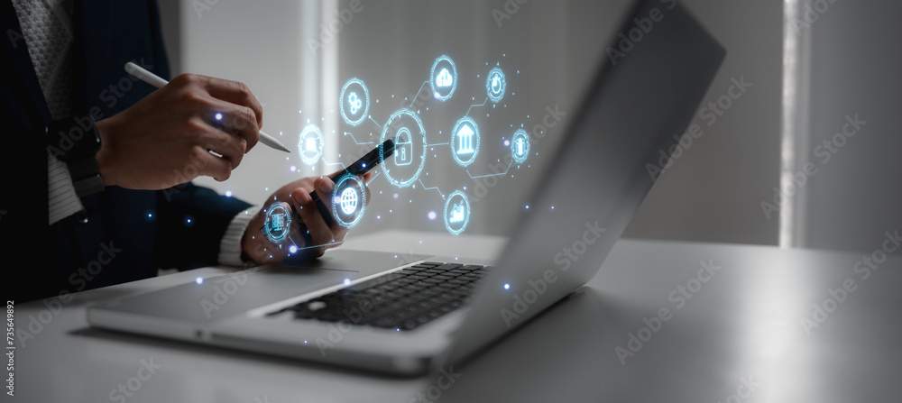 Poster cyber security and data protection, businessman use network security system, protecting business and