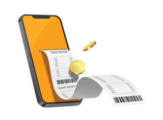 payment online ,Paper receipt or invoice with gold coins or dollars flowing out of smartphone or mobile phone After customer purchases online and successfully payment, vector 3d isolated for design