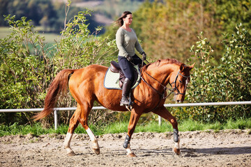 Horse woman rider riding in the sunshine at the riding arena.