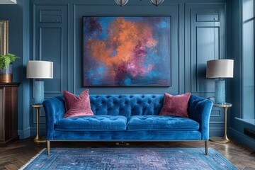 Elegant living room with blue sofa and abstract art.