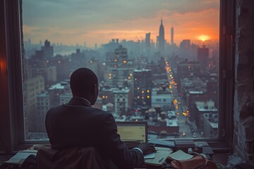 Fototapeta na wymiar Businessman working on laptop with city skyline