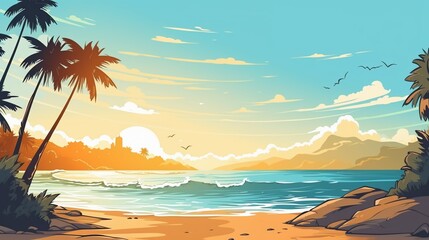 Fototapeta na wymiar Beautiful seascape with palm trees and sunset in vector art style.