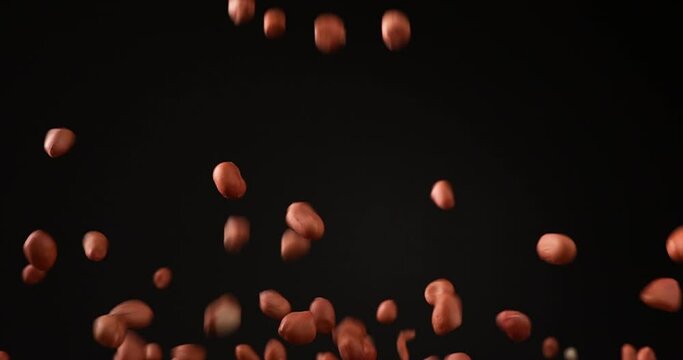 Side View Slow Motion of pouring peanuts from the top to the bottom in the black background