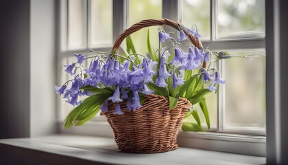 purple Bluebell flowers in wicker basket near window.