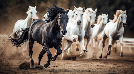 a dark horse, glossy black horse races ahead of a group of white horses, kicking up dust in an arena