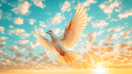 as free as a bird, Freedom, white dove flies in the sky at sunrise with clouds