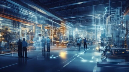 Double exposure of business people walking in modern factory, Generative AI illustrations.