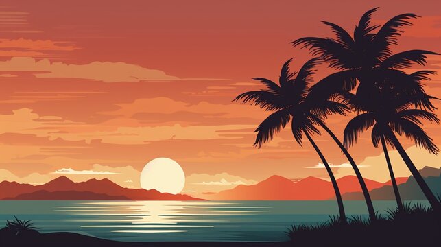 Beautiful sunset landscape over the sea with palm trees.