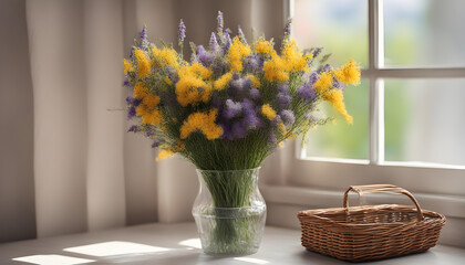 yellow and purple Broom flowers in wicker basket near window.