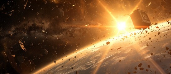 Destruction and chaos as a massive space station explodes in the distance of a distant planet
