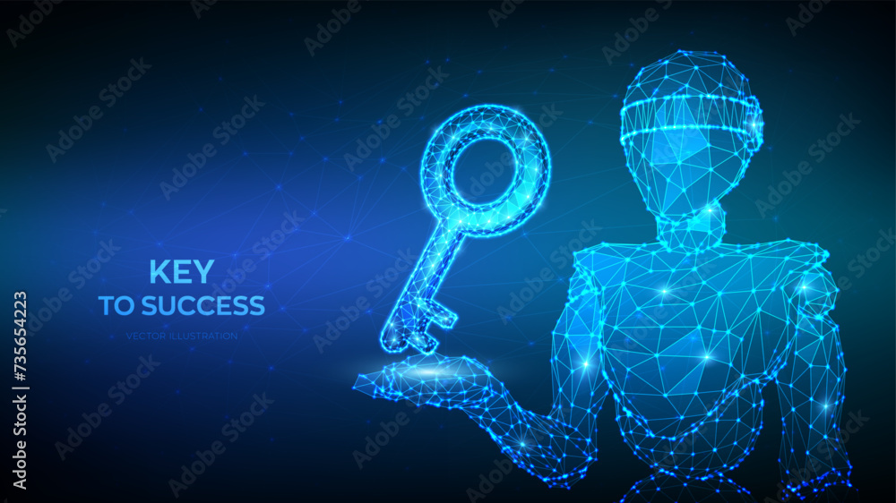 Poster key. 3d low polygonal robot holding key sign in hand. key to success or solution. turnkey solution, 