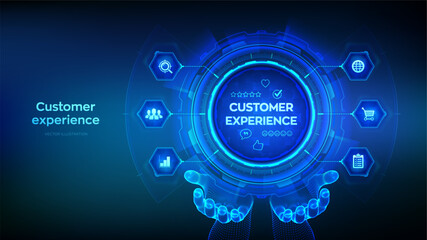 Customer Experience technology concept in wireframe hands. Customer Satisfaction Survey. Service experience rating online application. Satisfaction feedback review. Vector illustration.