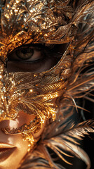 hyper close-up photography of a masked venitian necromancer woman