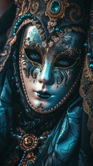 hyper close-up photography of a masked venitian necromancer woman