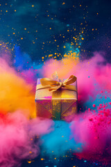Naklejka premium Colorful holi festival gift box in the midst of a festive explosion