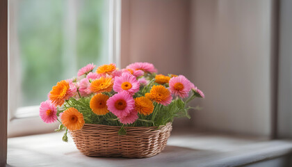 Orange and pink Calendula  Weed  flowers in wicker basket near window.