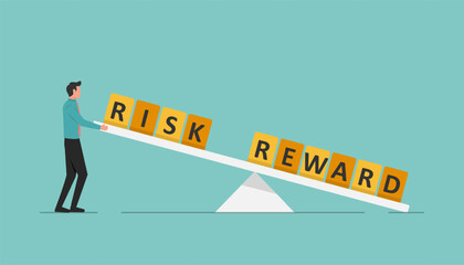 Risk vs reward balance on the seesaw scale, businessman lifts up risk higher than reward words, improving reward and risk ratio in business, reward greater than risk concept