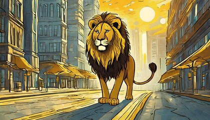 lion on the roof, lion on the street,, yellow, golds, litty, lit, cool, drawing determined, motivation, cole world
