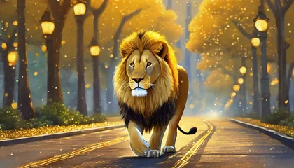 Foto op Plexiglas lion in the night zoon lion on the street,, yellow, golds, litty, lit, cool, drawing determined, motivation, cole world © Bilawl