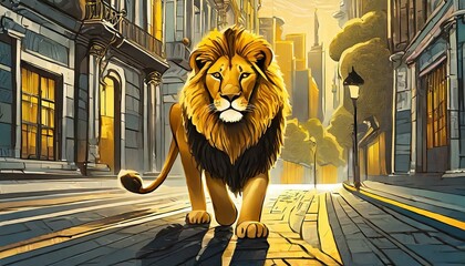 lion on the wall, lion on the street,, yellow, golds, litty, lit, cool, drawing determined, motivation, cole world - obrazy, fototapety, plakaty