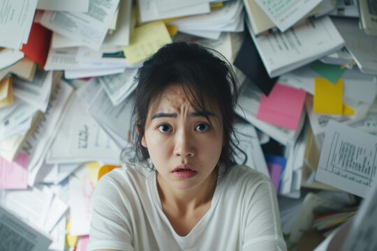 Overwhelmed young Asian college student surrounded by papers