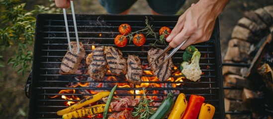 Young man grilling assorted fresh organic vegetables outdoors on a summer day