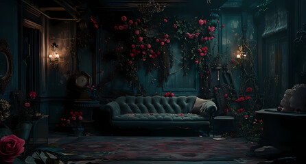 a dark room with roses and a sofa