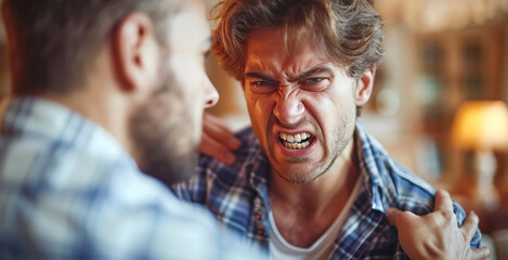 Obraz premium Angry man is aggressive, have conflict with young man, holding him by shirt, screaming, threatening him. Friend helping to end fight.
